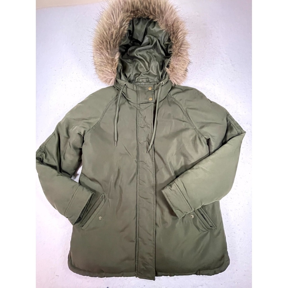 Old Navy Parka Coat Womens Small Olive Green Faux Fur Hooded‎ Full Zip Insulated